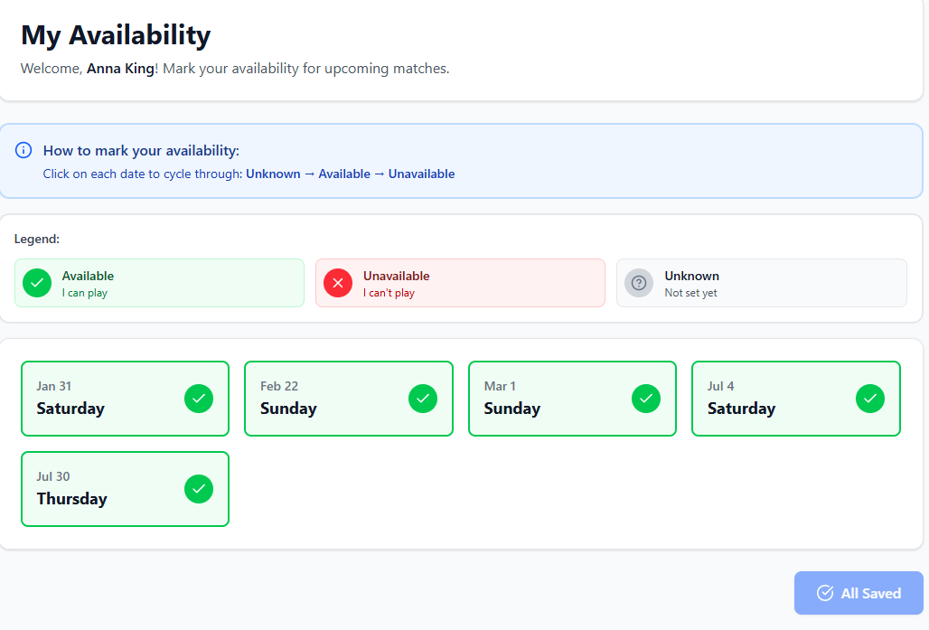 An individual unique page for a player, accessed by QR code