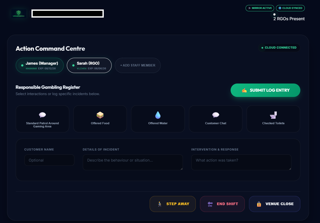 The VenueWatch user logging terminal